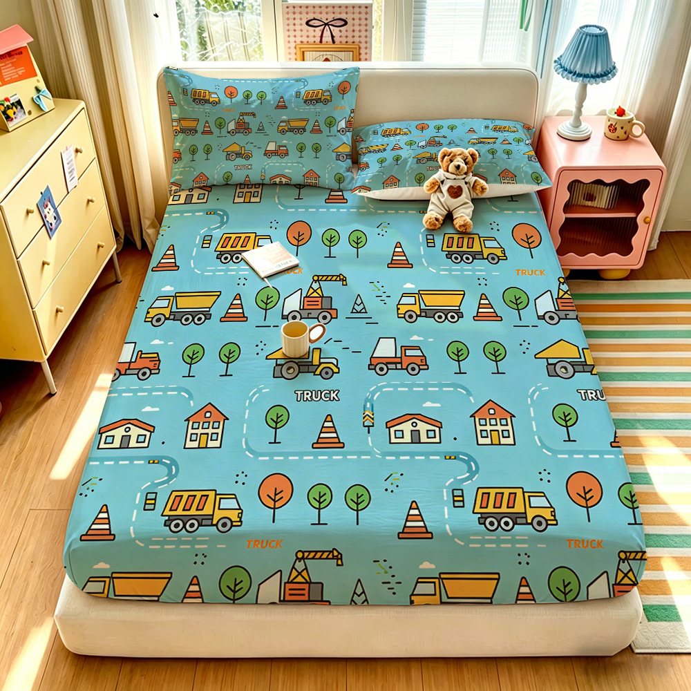 Lighting Mcqueen Bedroom Decor - 3피스 만화 자동차 프린트 칩리스 침대